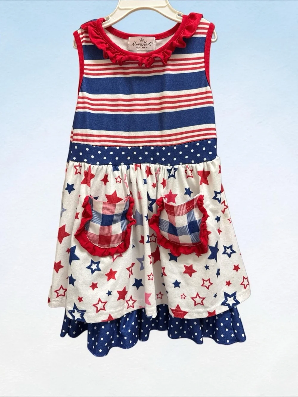 Marie Nicole Clothing 4th of July Patriotic Star Striped Ruffle Dress